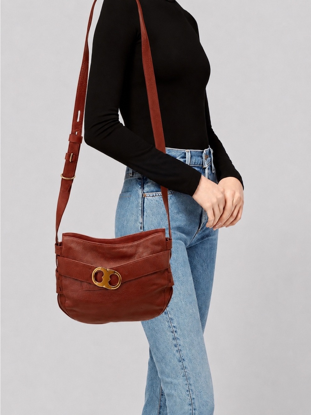 Tory Burch Gemini Link Belted Hobo Red Pebbled Leather Shoulder Bag Crossbody